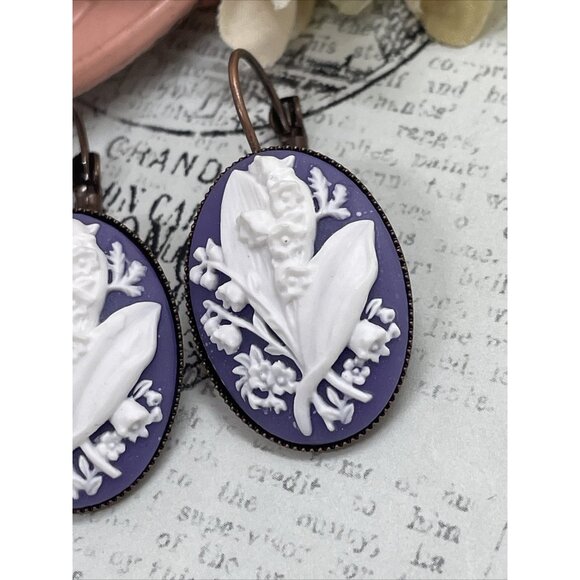 Rose Gold Purple White Lily Of Valley Setting Anniversary Earring Cameo Birthday - Picture 5 of 11